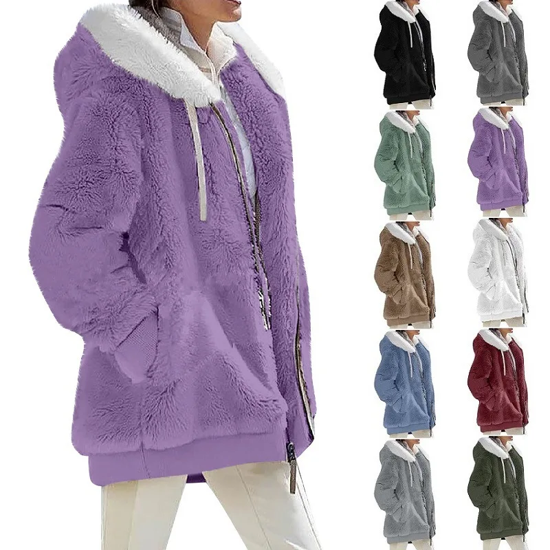 New Style Winter Fashion Women's Coat Casual Hooded Zipper Ladies Clothes Cashmere Women Fleece Jacket Solid Color Ladies Coats