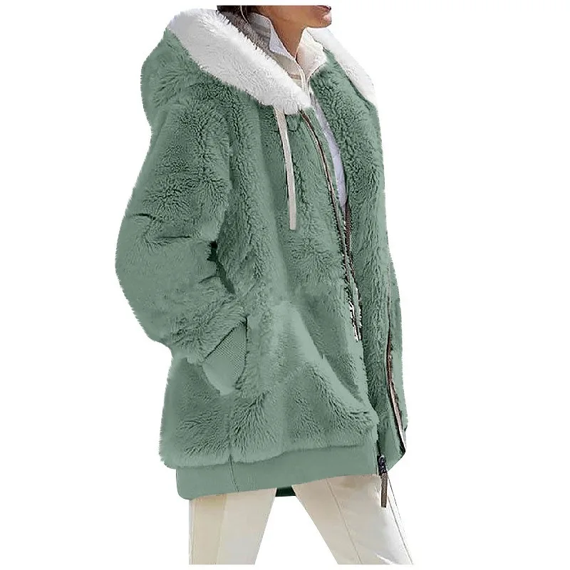 New Style Winter Fashion Women's Coat Casual Hooded Zipper Ladies Clothes Cashmere Women Fleece Jacket Solid Color Ladies Coats