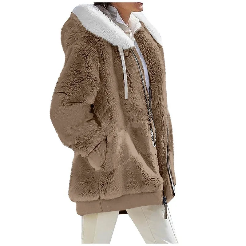 New Style Winter Fashion Women's Coat Casual Hooded Zipper Ladies Clothes Cashmere Women Fleece Jacket Solid Color Ladies Coats