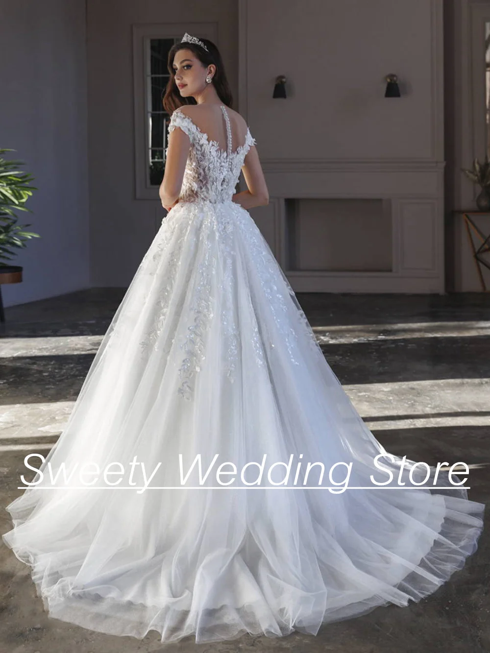 White Ivory Wedding Dress Off The Shoulder V Neck Flowers Applique Back Zipper Buttons Sweep Train Bridal Gown Robe De Mariee