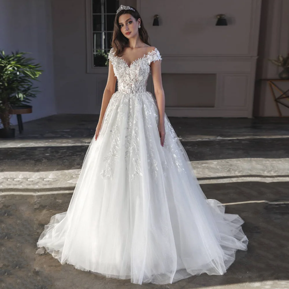 White Ivory Wedding Dress Off The Shoulder V Neck Flowers Applique Back Zipper Buttons Sweep Train Bridal Gown Robe De Mariee