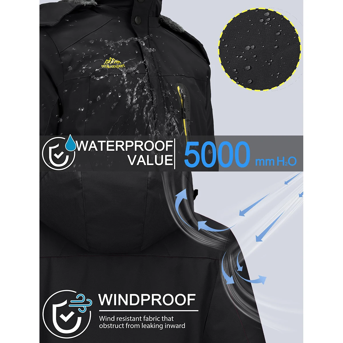 TACVASEN Men's Waterproof Ski Jacket Fleece Lining Warmth Parka Winter Snow Working Outdoors Hooded Coat Rain Shell Windbreaker