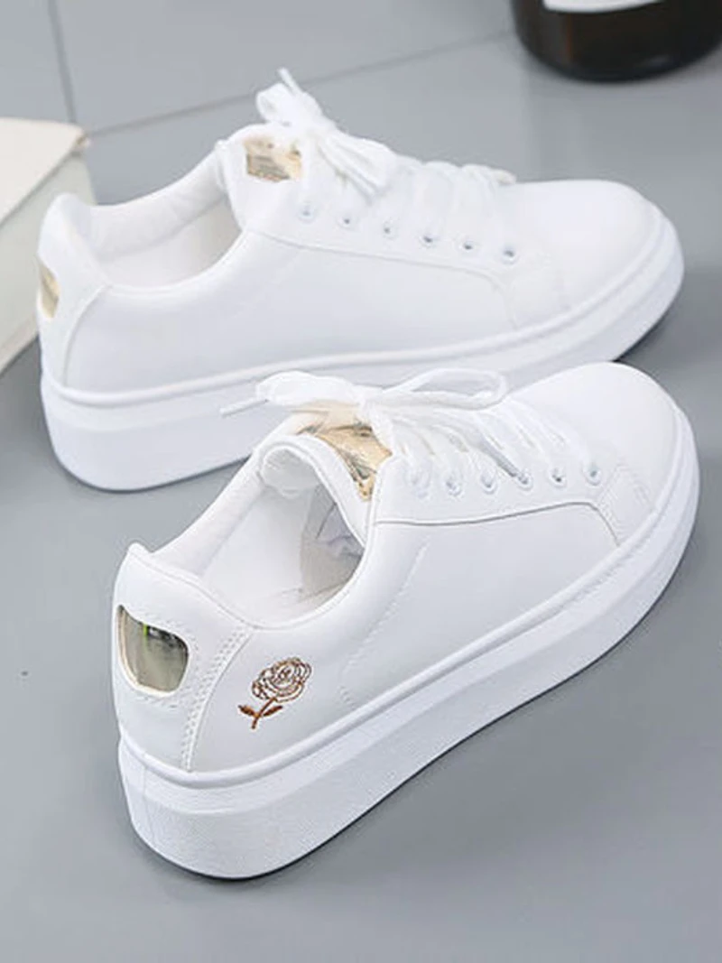 Women Leather Pu Casual Shoes New 2025 Woman Shoes Fashion Embroidered White Sneakers Breathable Flower Lace-Up Women Sneakers