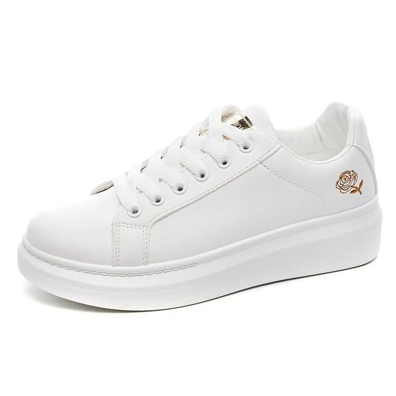 Women Leather Pu Casual Shoes New 2025 Woman Shoes Fashion Embroidered White Sneakers Breathable Flower Lace-Up Women Sneakers