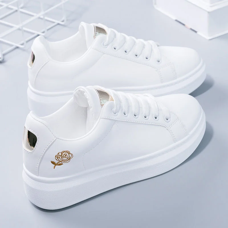 Women Leather Pu Casual Shoes New 2025 Woman Shoes Fashion Embroidered White Sneakers Breathable Flower Lace-Up Women Sneakers