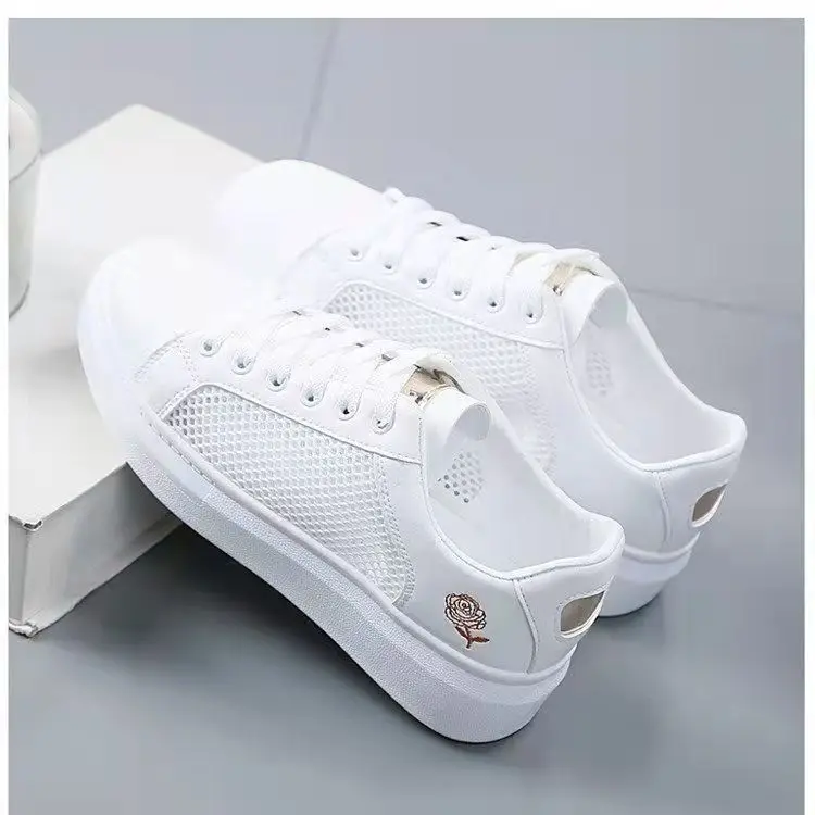 Women Leather Pu Casual Shoes New 2025 Woman Shoes Fashion Embroidered White Sneakers Breathable Flower Lace-Up Women Sneakers
