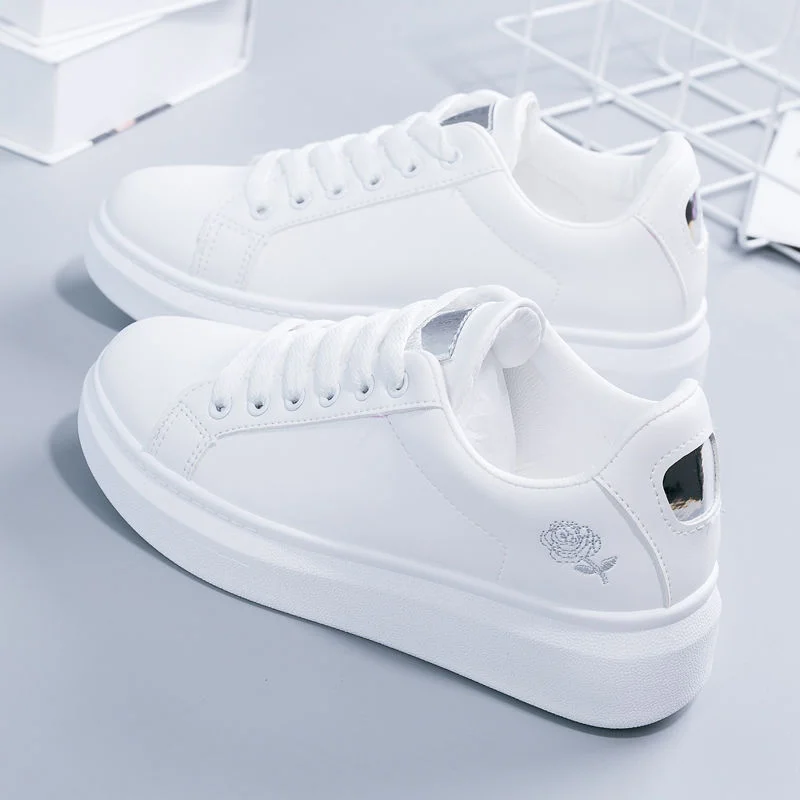 Women Leather Pu Casual Shoes New 2025 Woman Shoes Fashion Embroidered White Sneakers Breathable Flower Lace-Up Women Sneakers
