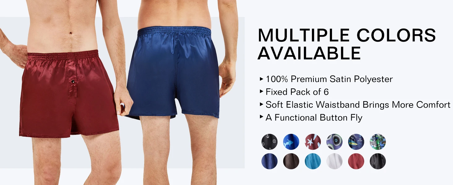 JupiterSecret 6pcs Men's Satin Boxer Shorts Casual Home Underwear Comfortable Silk-Like Bottoms with Elastic Waistband