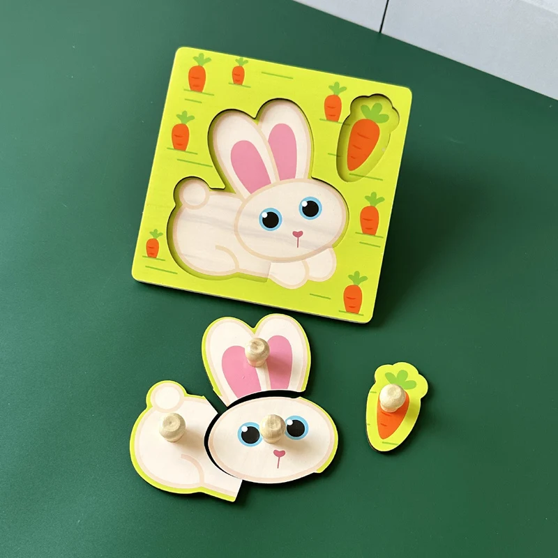 Baby Toys Montessori Wooden Puzzles Hand Grab Boards Toys Kids Early Learning Educational Cartoon Animal Fruit Vehicle Cognitive