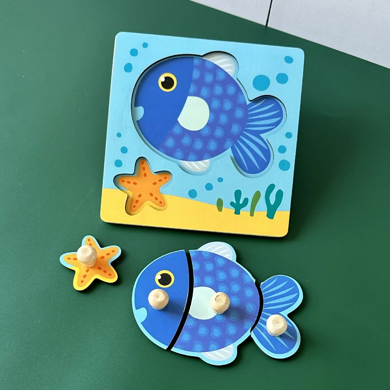 Baby Toys Montessori Wooden Puzzles Hand Grab Boards Toys Kids Early Learning Educational Cartoon Animal Fruit Vehicle Cognitive