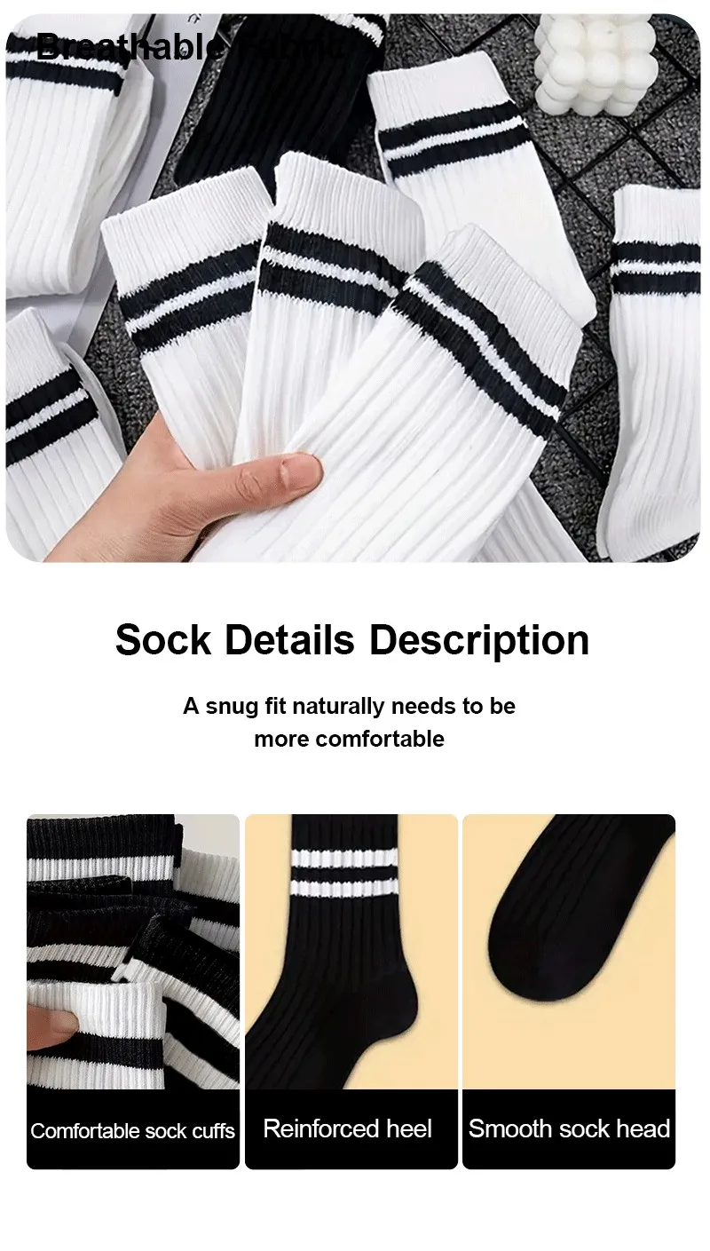 2/6 Pairs Men Medium Length Socks Simple Versatile Casual Black White Striped Breathable High-Quality Casual Round Neck Socks