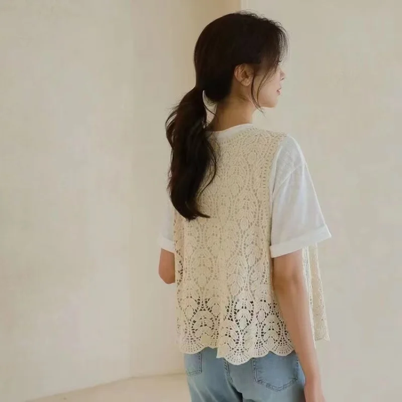 Boho Crochet Knit Vest for Women Cover Up Floral Embroidery Sleeveless Open Front Cardigan Tops Summer Vacation Outfit