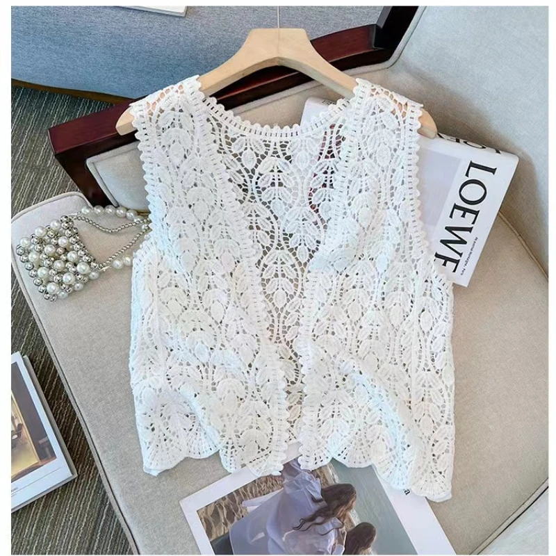 Boho Crochet Knit Vest for Women Cover Up Floral Embroidery Sleeveless Open Front Cardigan Tops Summer Vacation Outfit