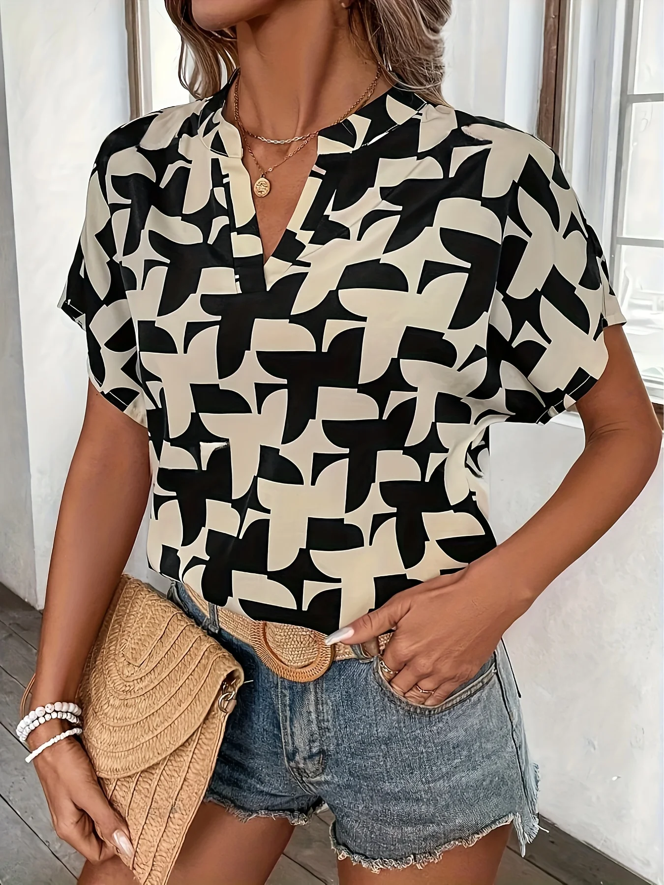 Elegant Summer Women's Print Shirt Casual Office Lady Notched V Neck Batwing Sleeve Blouses Tops