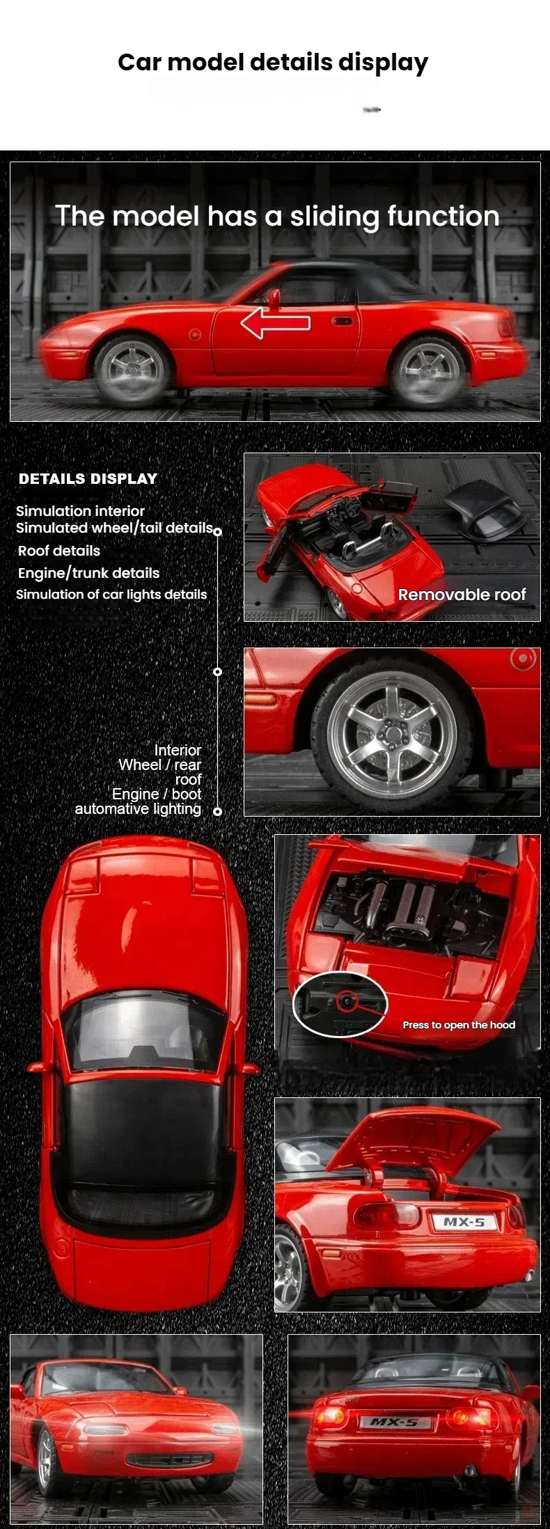 1:32 Mazda MX5 Supercar Alloy Die Cast Toy Car Model Sound and Light Pull Back Toy Collectibles Birthday gift