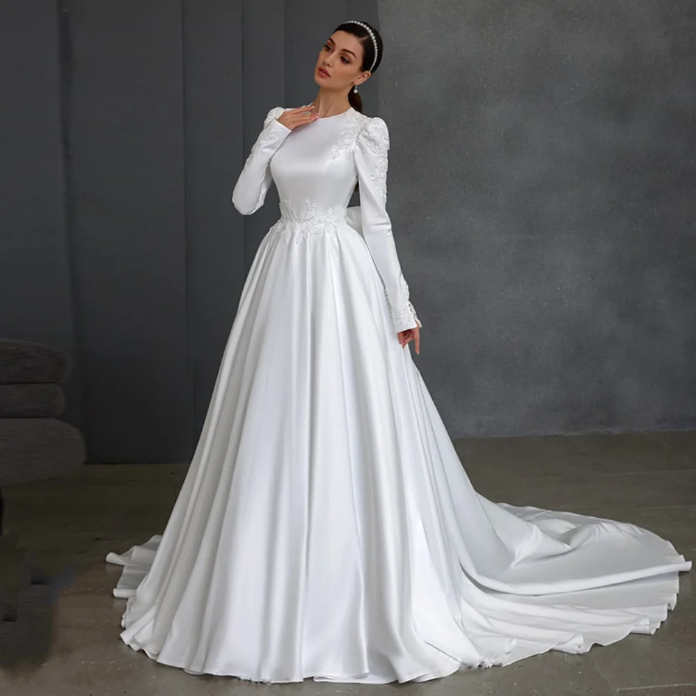 Modest Wedding Dress Customized Long Sleeves Beading Applique Court Train A Line Satin Muslim Bridal Gown Vestido De Noiva