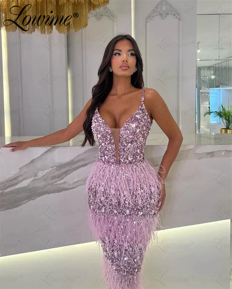 Feathers Champagne Blue Purple Cocktail Party Dresses Tea Length Mermaid Birthday Prom Dress Customized Arabic Evening Gowns