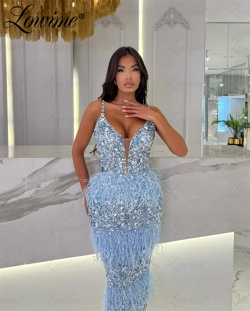 Feathers Champagne Blue Purple Cocktail Party Dresses Tea Length Mermaid Birthday Prom Dress Customized Arabic Evening Gowns