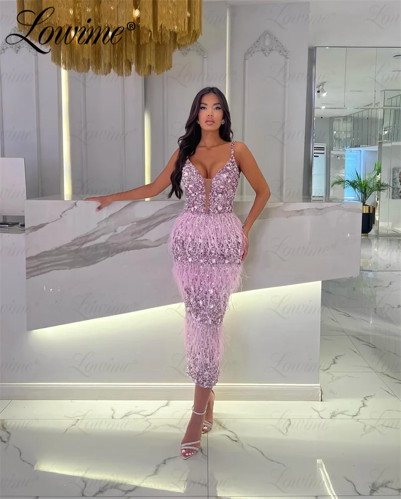 Feathers Champagne Blue Purple Cocktail Party Dresses Tea Length Mermaid Birthday Prom Dress Customized Arabic Evening Gowns