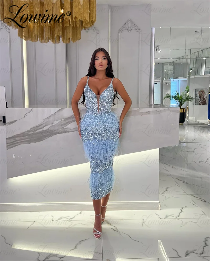 Feathers Champagne Blue Purple Cocktail Party Dresses Tea Length Mermaid Birthday Prom Dress Customized Arabic Evening Gowns