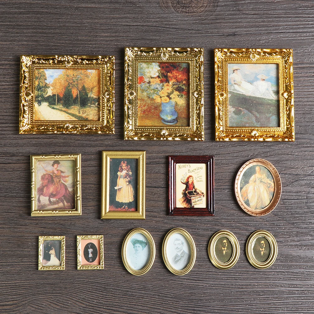 Mini Resin Wall Picture Dollhouse Ornament 1:12 Vintage Framed Photos Miniature Oil Painting Doll Accessories Kids Toys Supplies