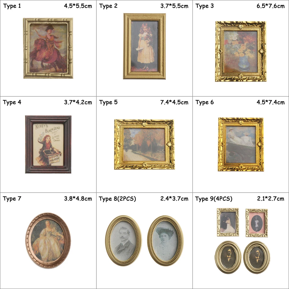 Mini Resin Wall Picture Dollhouse Ornament 1:12 Vintage Framed Photos Miniature Oil Painting Doll Accessories Kids Toys Supplies