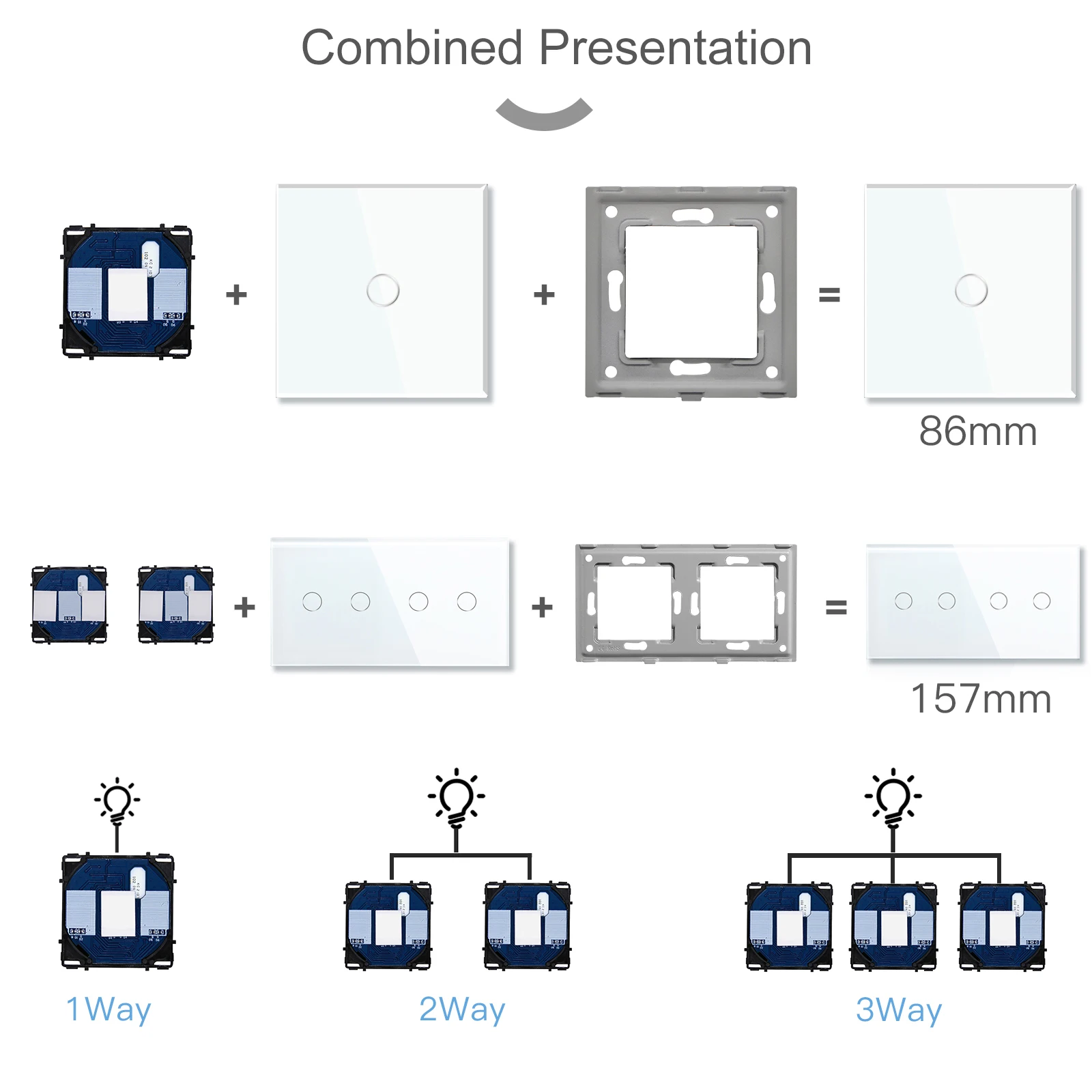 BSEED Wall Touch Switch 1/2/3Gang 1/2Way Light Switch Dimmer Function Parts Glass Panel Frames EU Wall Sockets DIY Parts White