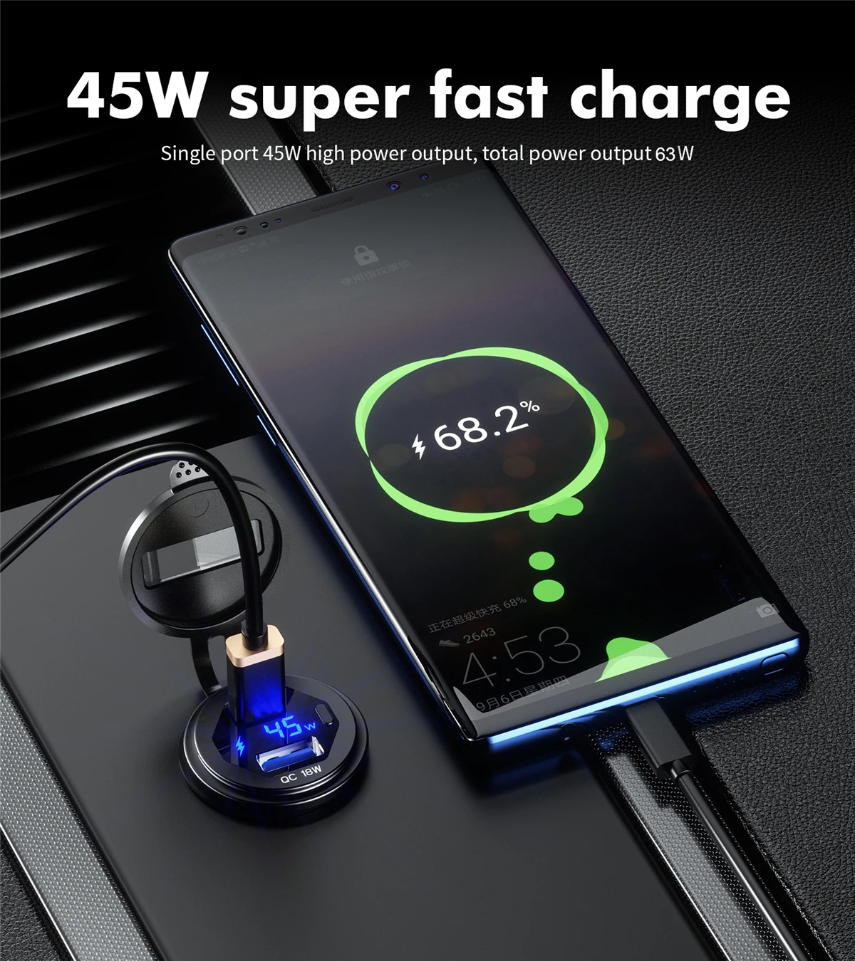 45W Type-C PD QC3.0 USB Car Charger Socket 12V 24V Fast Charge Voltmeter Switch Alloy Shell for Auto Truck Boat RV Bus Motor