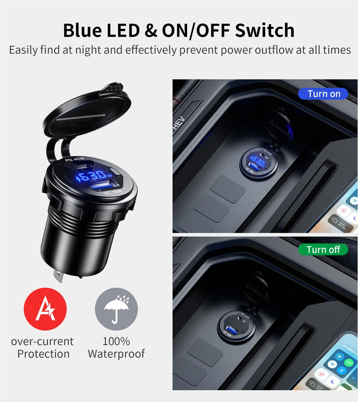 45W Type-C PD QC3.0 USB Car Charger Socket 12V 24V Fast Charge Voltmeter Switch Alloy Shell for Auto Truck Boat RV Bus Motor