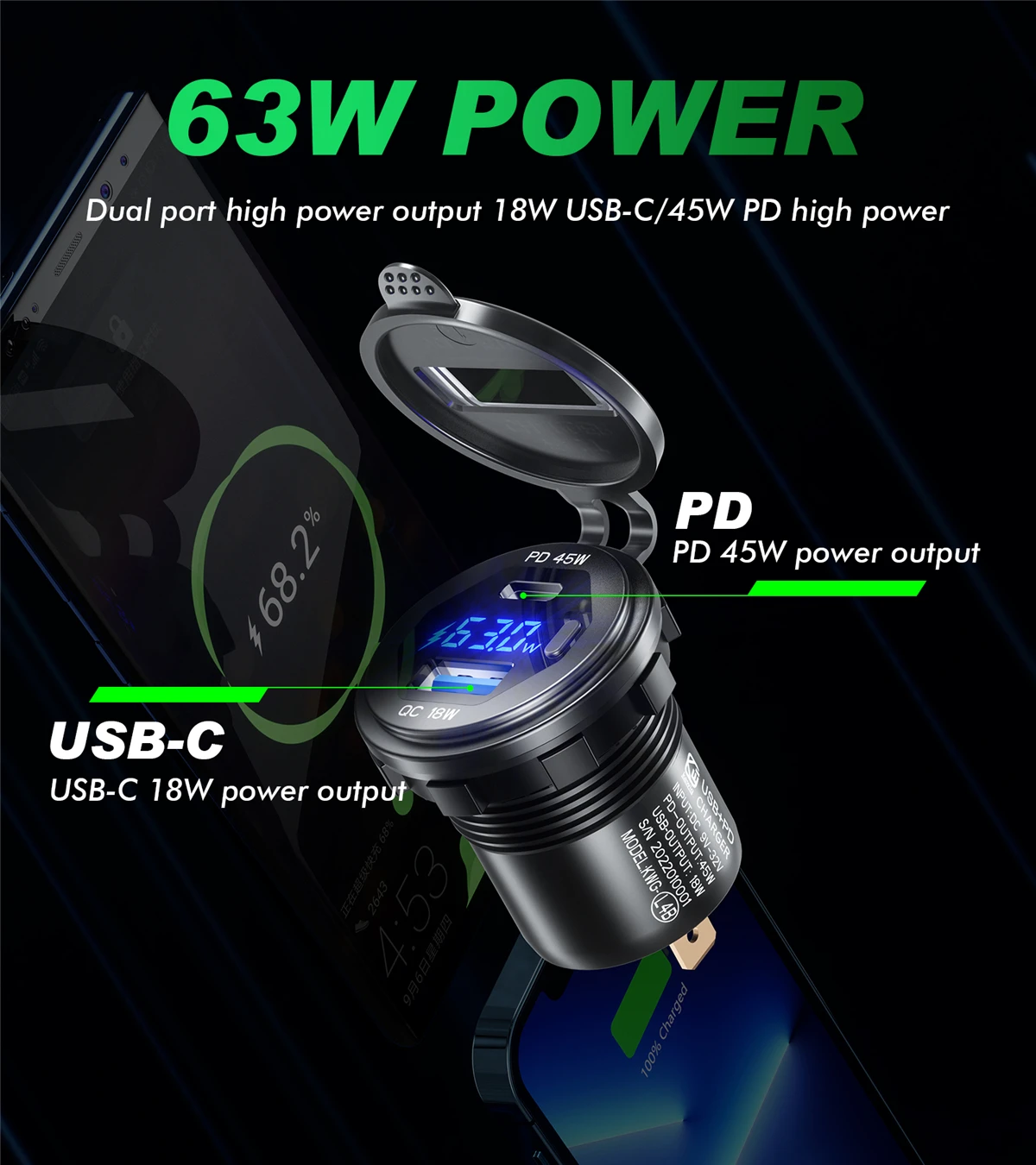 45W Type-C PD QC3.0 USB Car Charger Socket 12V 24V Fast Charge Voltmeter Switch Alloy Shell for Auto Truck Boat RV Bus Motor