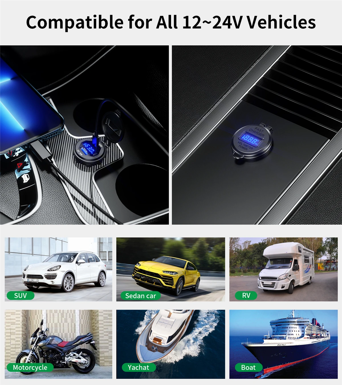 45W Type-C PD QC3.0 USB Car Charger Socket 12V 24V Fast Charge Voltmeter Switch Alloy Shell for Auto Truck Boat RV Bus Motor