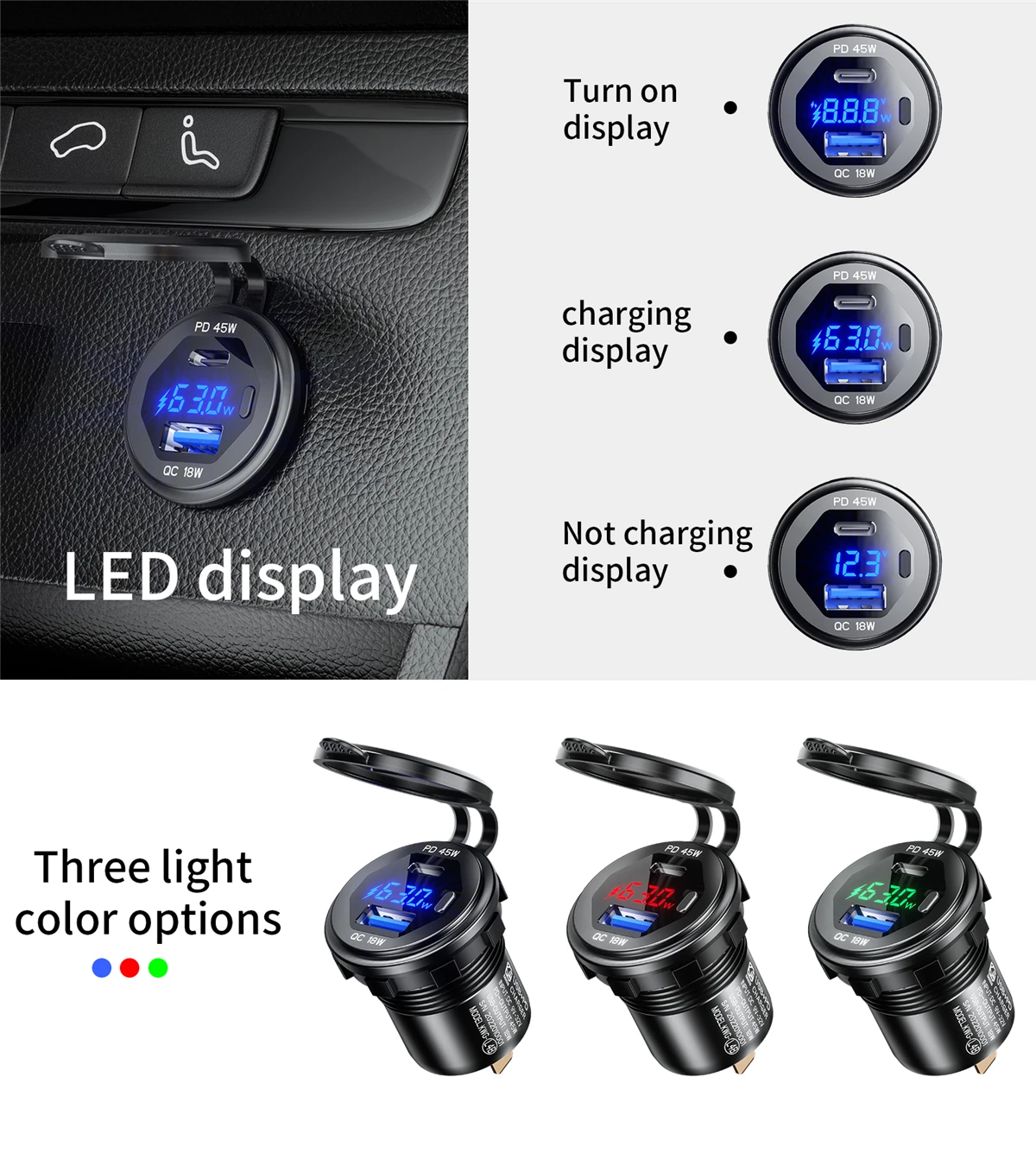 45W Type-C PD QC3.0 USB Car Charger Socket 12V 24V Fast Charge Voltmeter Switch Alloy Shell for Auto Truck Boat RV Bus Motor