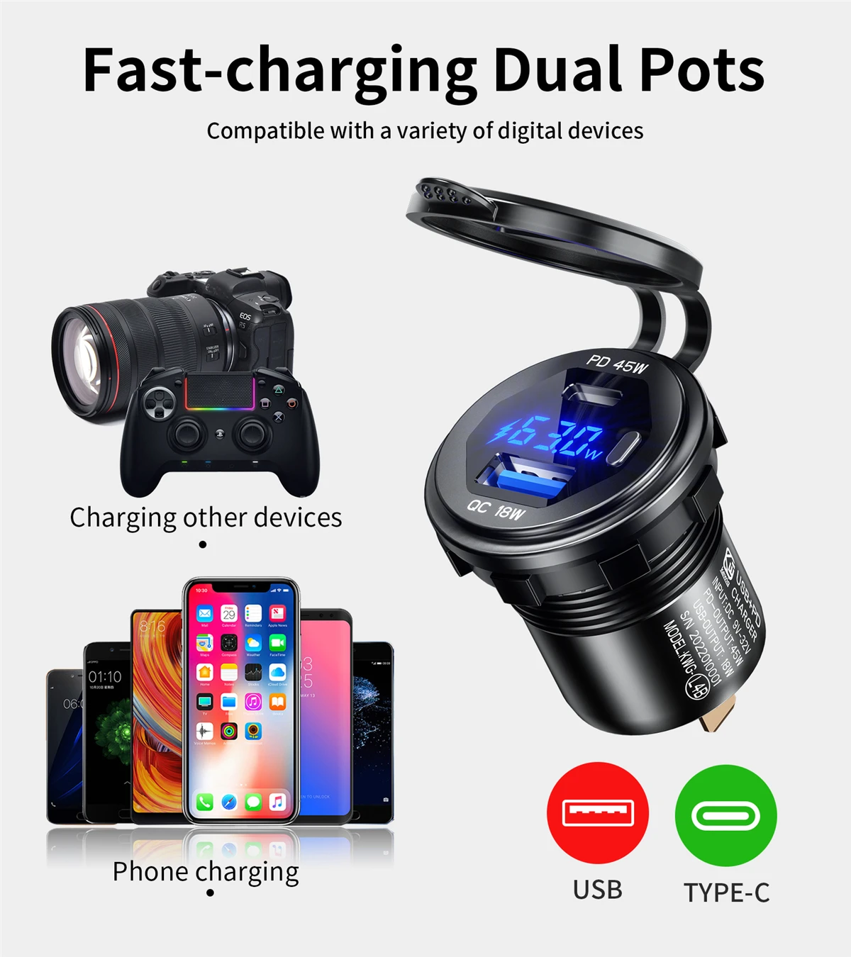 45W Type-C PD QC3.0 USB Car Charger Socket 12V 24V Fast Charge Voltmeter Switch Alloy Shell for Auto Truck Boat RV Bus Motor