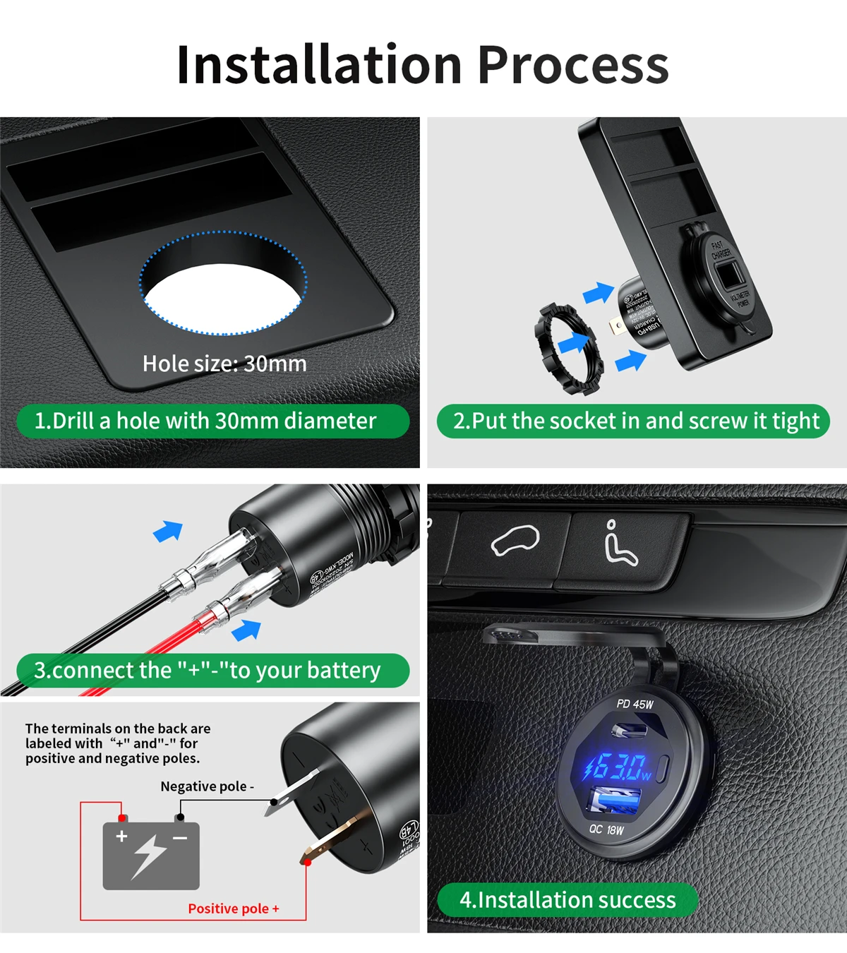45W Type-C PD QC3.0 USB Car Charger Socket 12V 24V Fast Charge Voltmeter Switch Alloy Shell for Auto Truck Boat RV Bus Motor