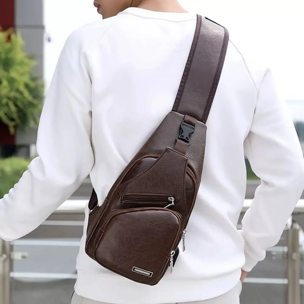 USB data cable charging chest bag casual fashion shoulder bag PU outdoor sports men's bag