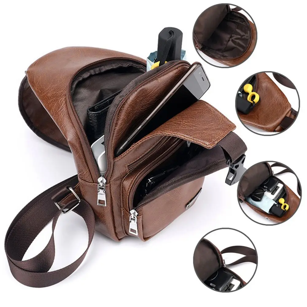 USB data cable charging chest bag casual fashion shoulder bag PU outdoor sports men's bag