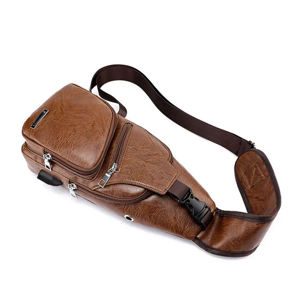 USB data cable charging chest bag casual fashion shoulder bag PU outdoor sports men's bag