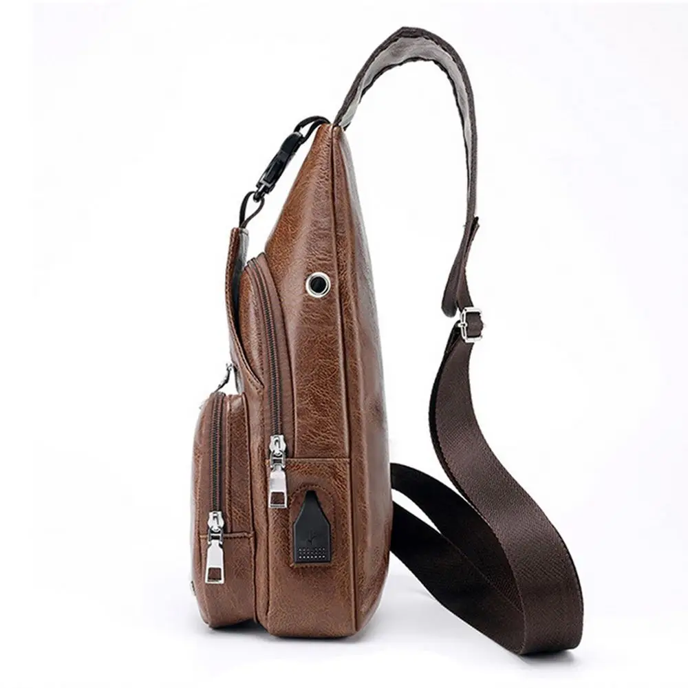 USB data cable charging chest bag casual fashion shoulder bag PU outdoor sports men's bag