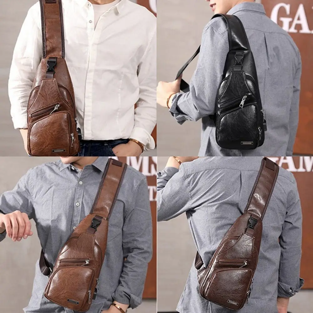 USB data cable charging chest bag casual fashion shoulder bag PU outdoor sports men's bag