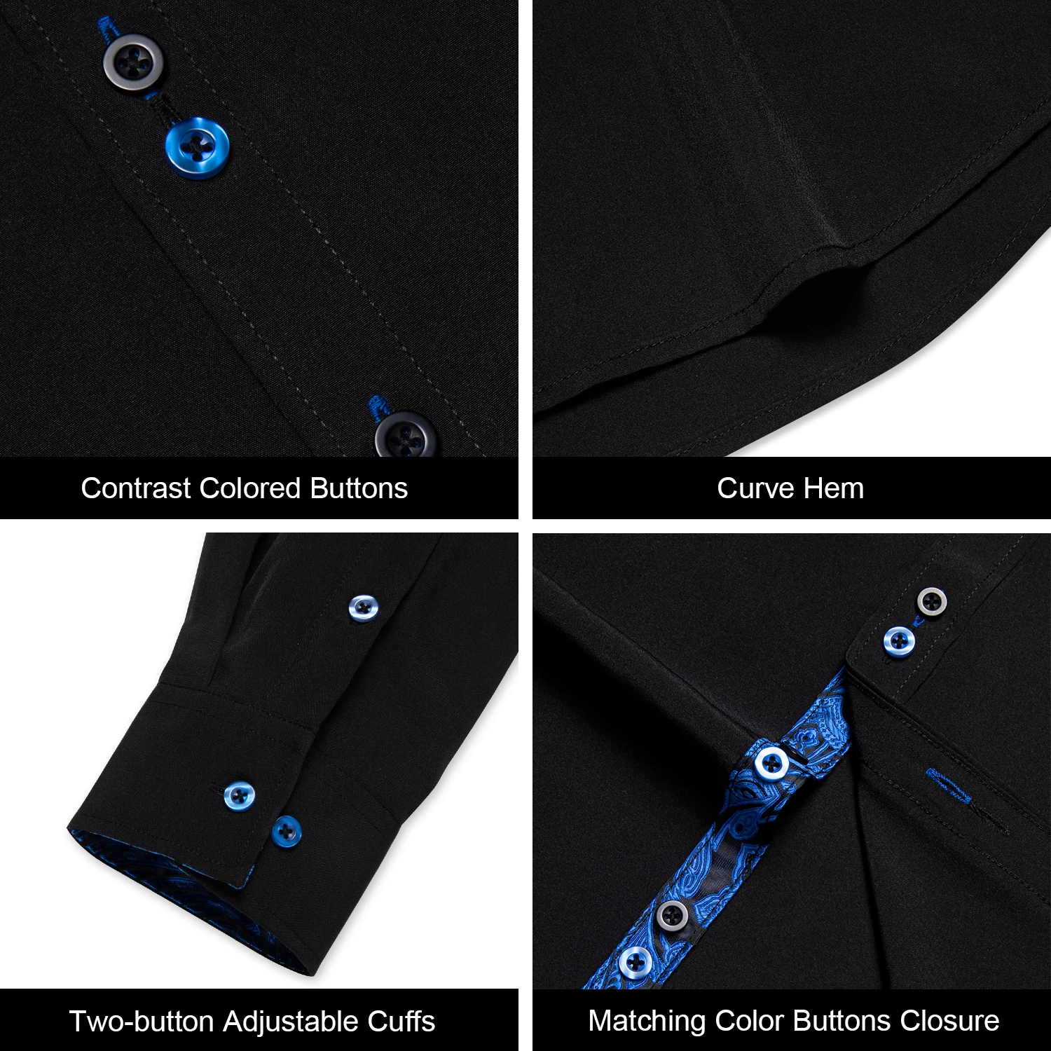 Men's Polyester Cotton Solid Black Shirts Long Sleeve Blue Paisley Patchwork Social Casual Dress Shirt Elegant Men Clothing