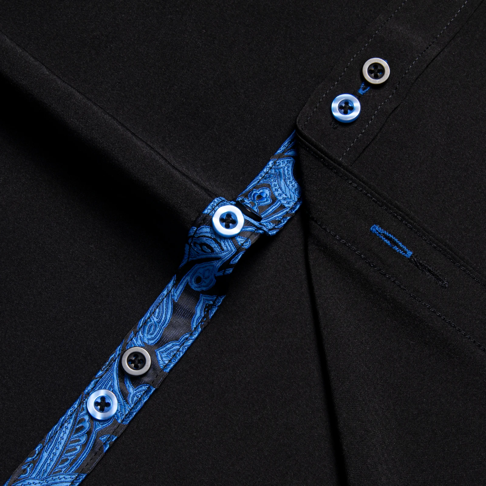 Men's Polyester Cotton Solid Black Shirts Long Sleeve Blue Paisley Patchwork Social Casual Dress Shirt Elegant Men Clothing