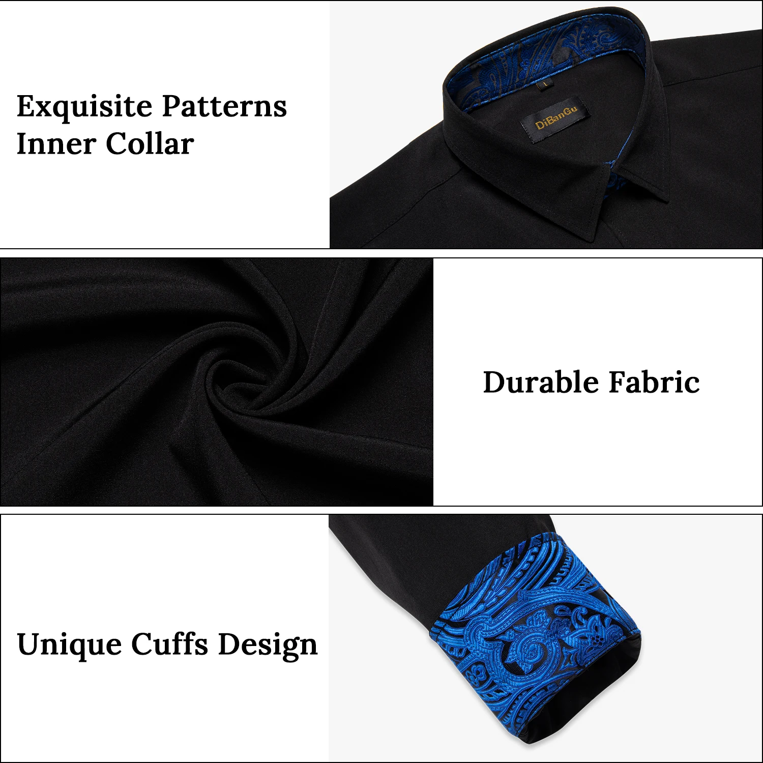 Men's Polyester Cotton Solid Black Shirts Long Sleeve Blue Paisley Patchwork Social Casual Dress Shirt Elegant Men Clothing