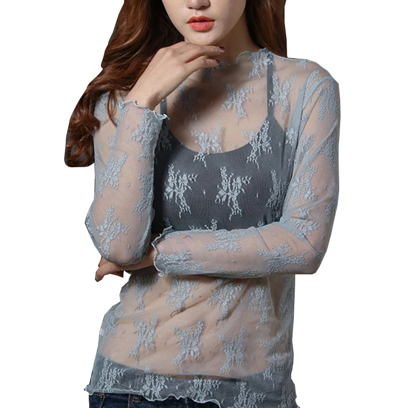 Women Lace Bottomed Blouse T-shirt Spring And Autumn Long Sleeve Mesh Crop Top Foreign Style Sexy Hollow Mesh Top High Neck 2024