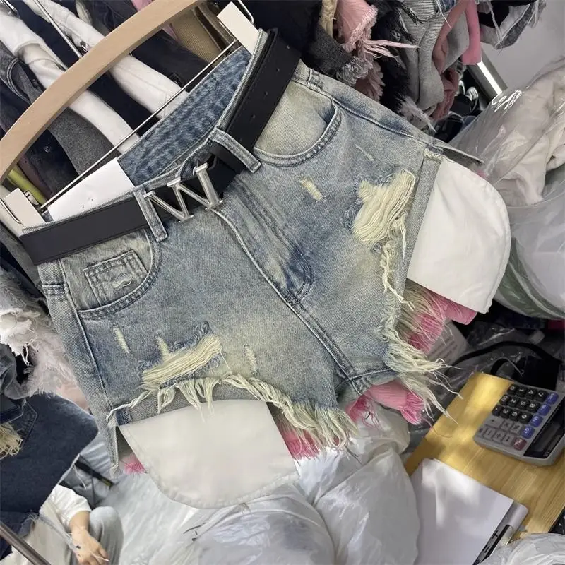 Fashion Women Denim Shorts Leaky Pocket Worn Washed Retro Sexy A Word Denim Super Shorts