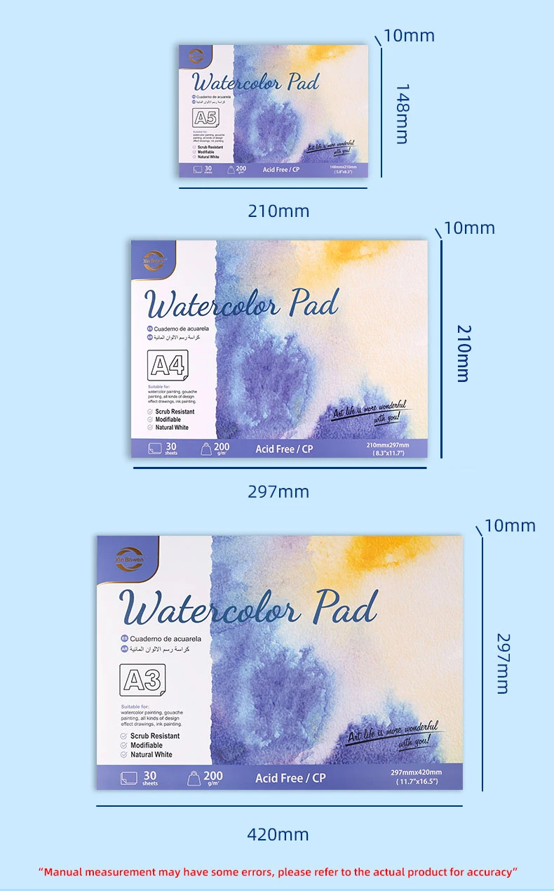 Watercolor Book with coarse grain, 200g, thickened with full wood pulp, art, painting and sketching, A3, A4, A5, 30Sheets/Book