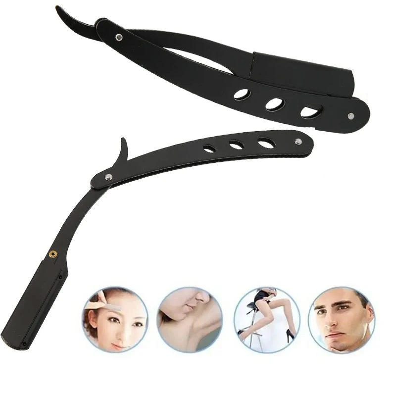 Men Shaving Barber Razor Black Classic Folding Shaving Knife Armpit Hair Pubic Hair Shaver Stainless Steel Straight Razor Holder