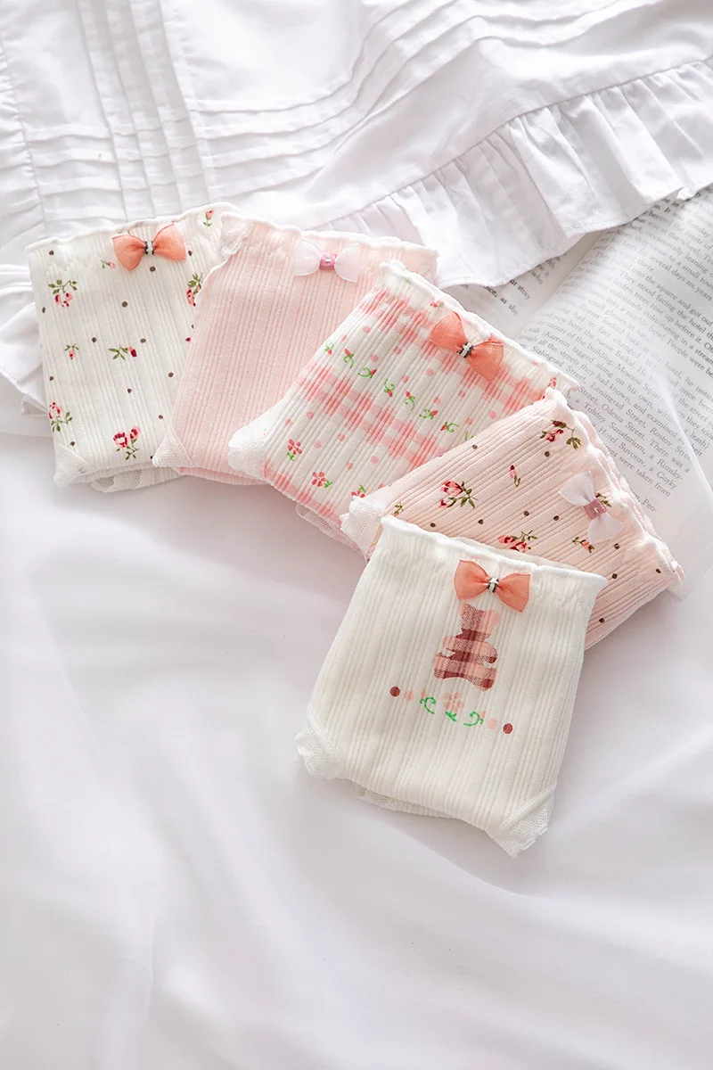 5Pcs/set Pure Cotton Sweet Bow Lace Women Panties Mid-Waist Girls Briefs Floral Underpants Soft Shorts Sexy Female Lingeries