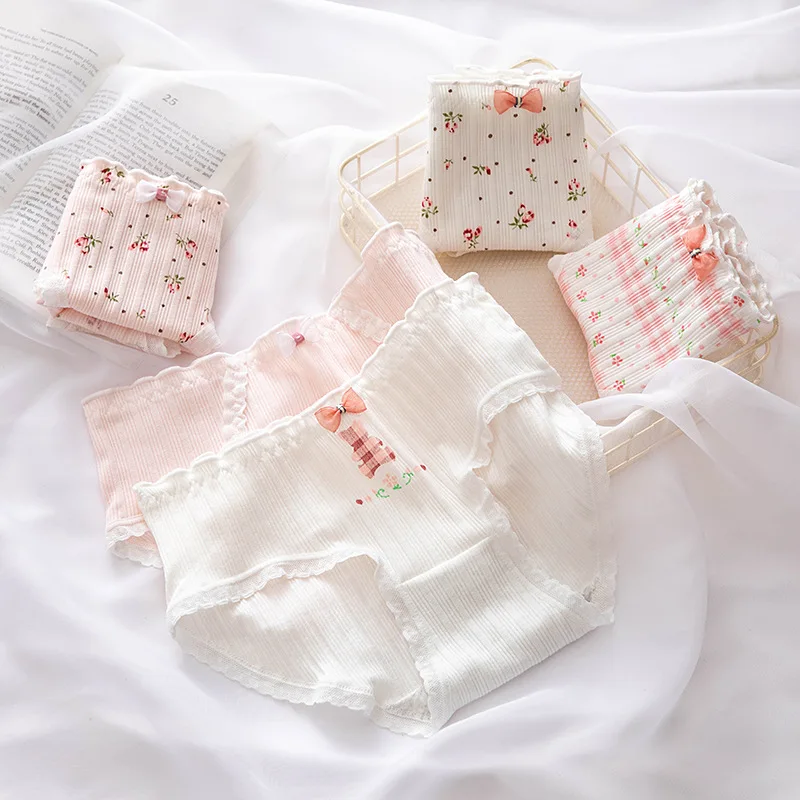 5Pcs/set Pure Cotton Sweet Bow Lace Women Panties Mid-Waist Girls Briefs Floral Underpants Soft Shorts Sexy Female Lingeries