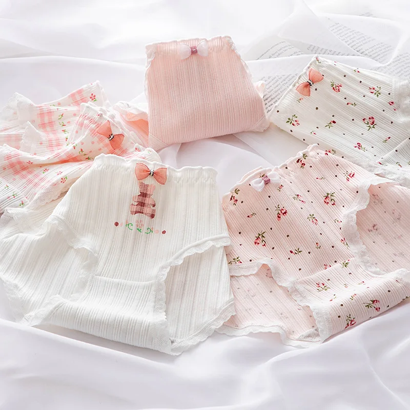 5Pcs/set Pure Cotton Sweet Bow Lace Women Panties Mid-Waist Girls Briefs Floral Underpants Soft Shorts Sexy Female Lingeries