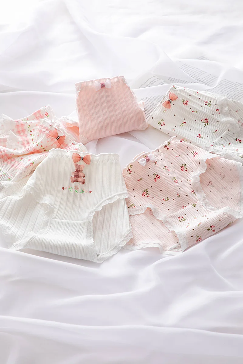 5Pcs/set Pure Cotton Sweet Bow Lace Women Panties Mid-Waist Girls Briefs Floral Underpants Soft Shorts Sexy Female Lingeries